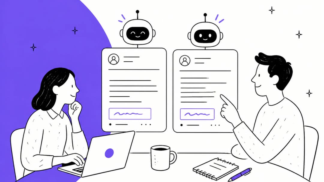 Two AI assistants drafting email replies side by side while two support teammates compare them