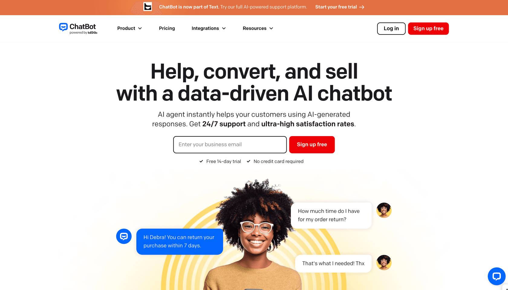ChatBot by Text platform interface showing its conversational AI workflow.