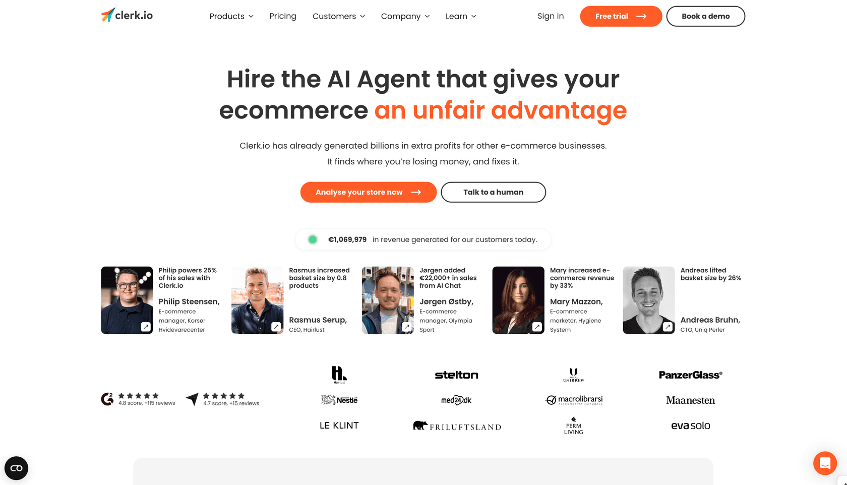 Clerk.io homepage showcasing its behavioral AI for personalized shopping experiences.