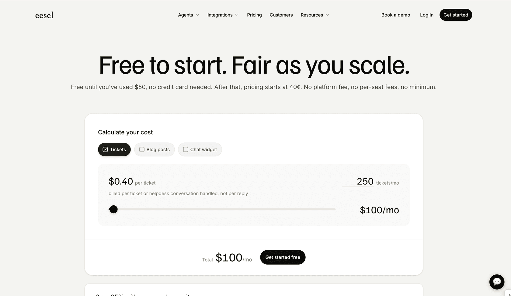 eesel AI pricing page showing transparent, public-facing costs