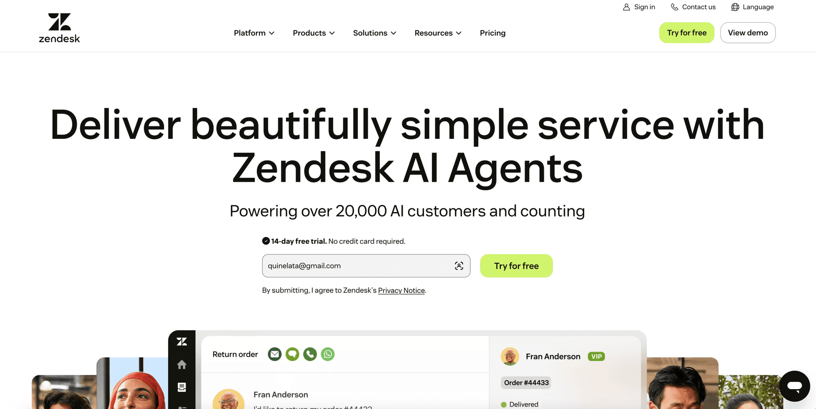 Zendesk homepage - Deliver beautifully simple service with Zendesk AI Agents