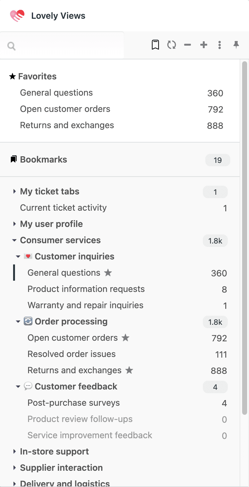 Lovely Views interface displaying hierarchical folder organization for customer service categories, with a visible refresh option.