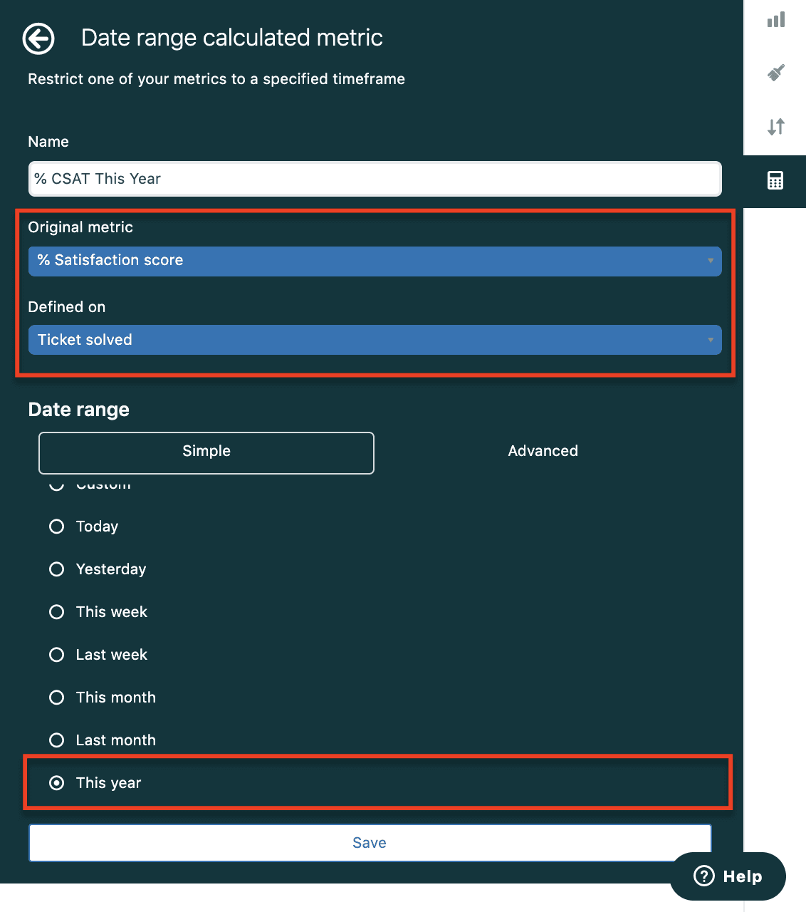 Date range calculated metric configuration in Zendesk Explore