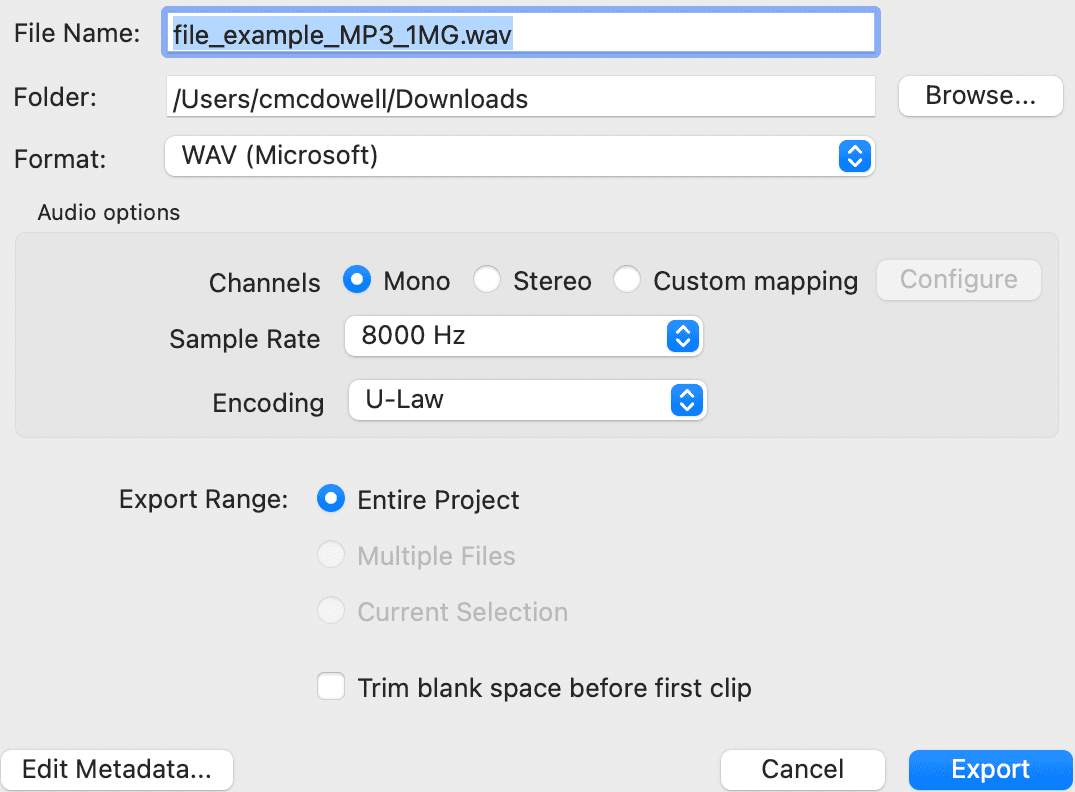 Audacity export dialog configured for WAV format with U-Law encoding at 8000 Hz sample rate