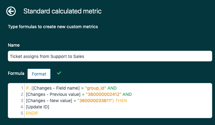 A product's interface for defining a custom metric to track ticket assignments between specific support and sales groups.
