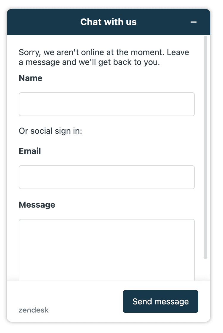Zendesk chat widget offline form with name, email, and message fields