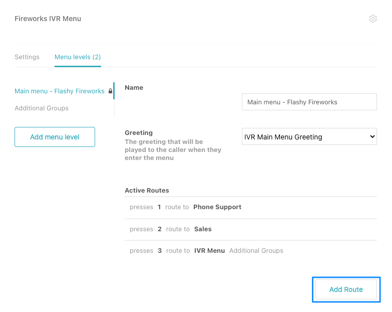 The Fireworks IVR Menu configuration interface, showing options for setting up menu levels, greetings, and active routes based on caller input.