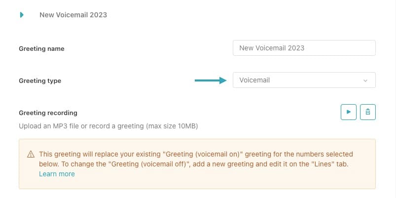 Zendesk Talk interface for selecting greeting type with Voicemail option highlighted
