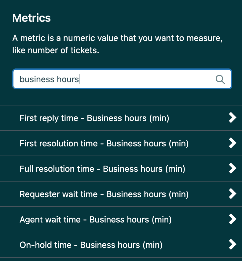 Zendesk's metrics selection interface, highlighting various time-based metrics measured in business hours, which are crucial for defining SLA policy targets.