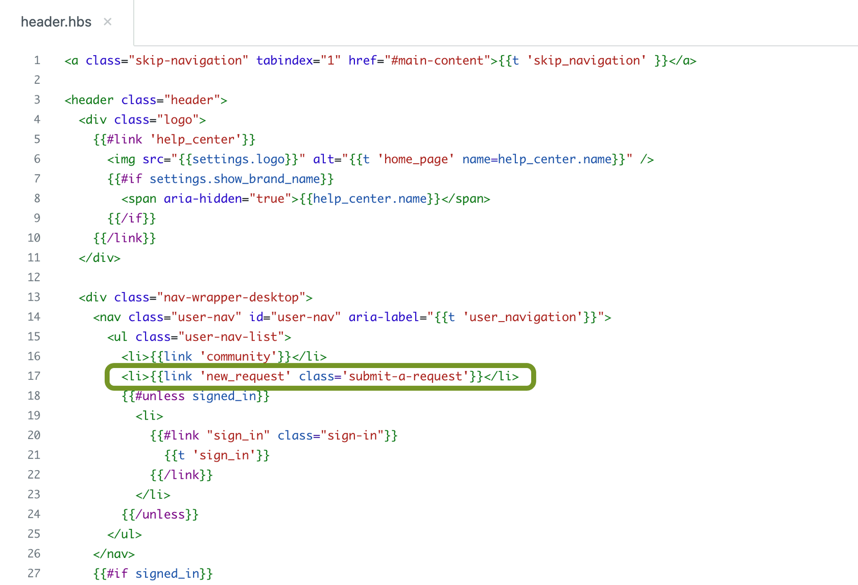 The header.hbs template in a code editor, highlighting the submit-a-request link as the request callout block for removal.