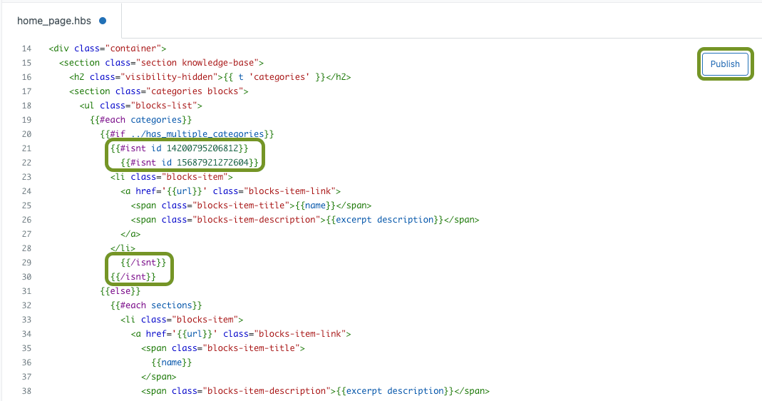 Code editor showing {{#isnt}} helper implementation in a home_page.hbs template.