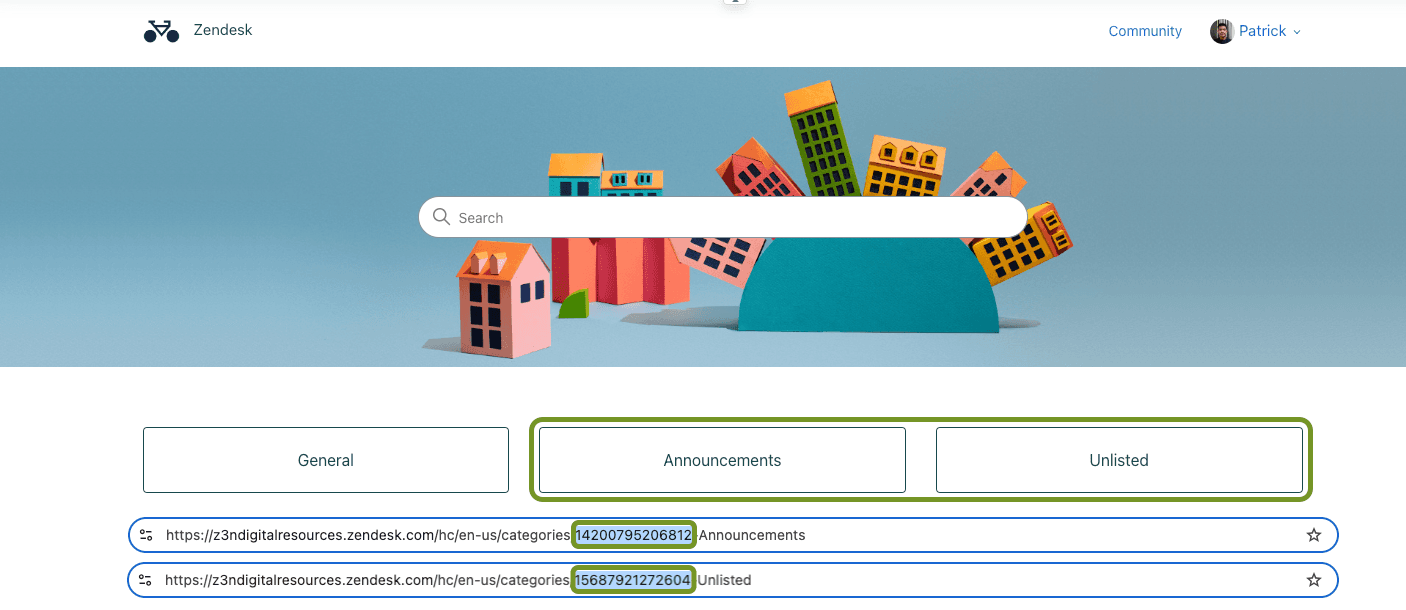 Zendesk help center page showing category URLs with highlighted ID numbers.