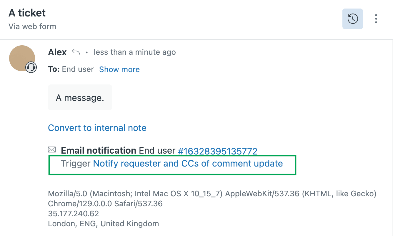 Zendesk ticket event log showing trigger actions for notifying requesters of comment updates