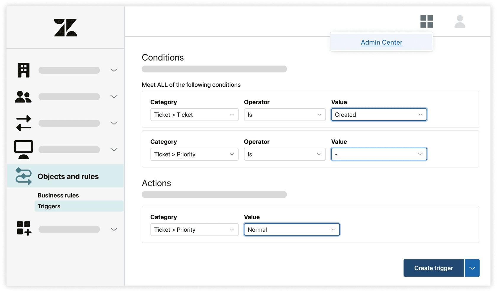 Zendesk trigger configuration interface with conditions and actions