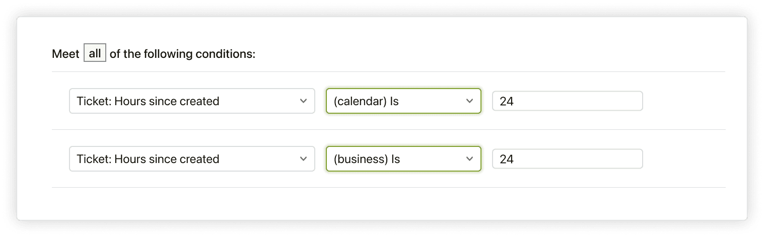 Zendesk condition builder showing the difference between calendar and business hours