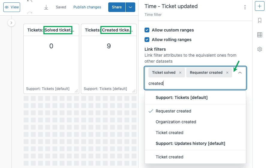 Dashboard edit mode with time filter configuration panel for setting date ranges