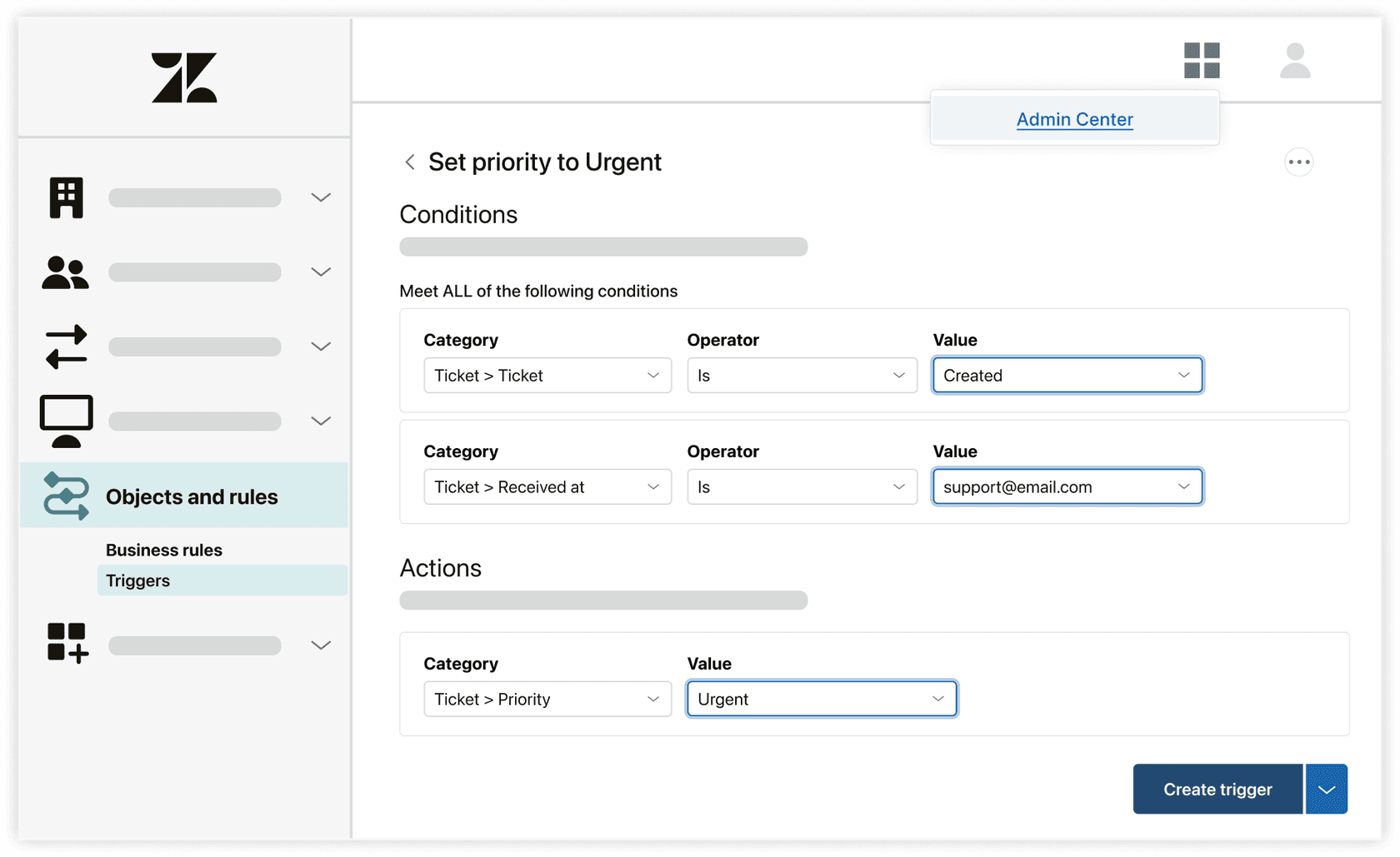 Zendesk trigger configuration showing the 'Received at' condition for email addresses