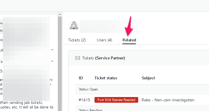 Zendesk service desk showing related tickets and user management