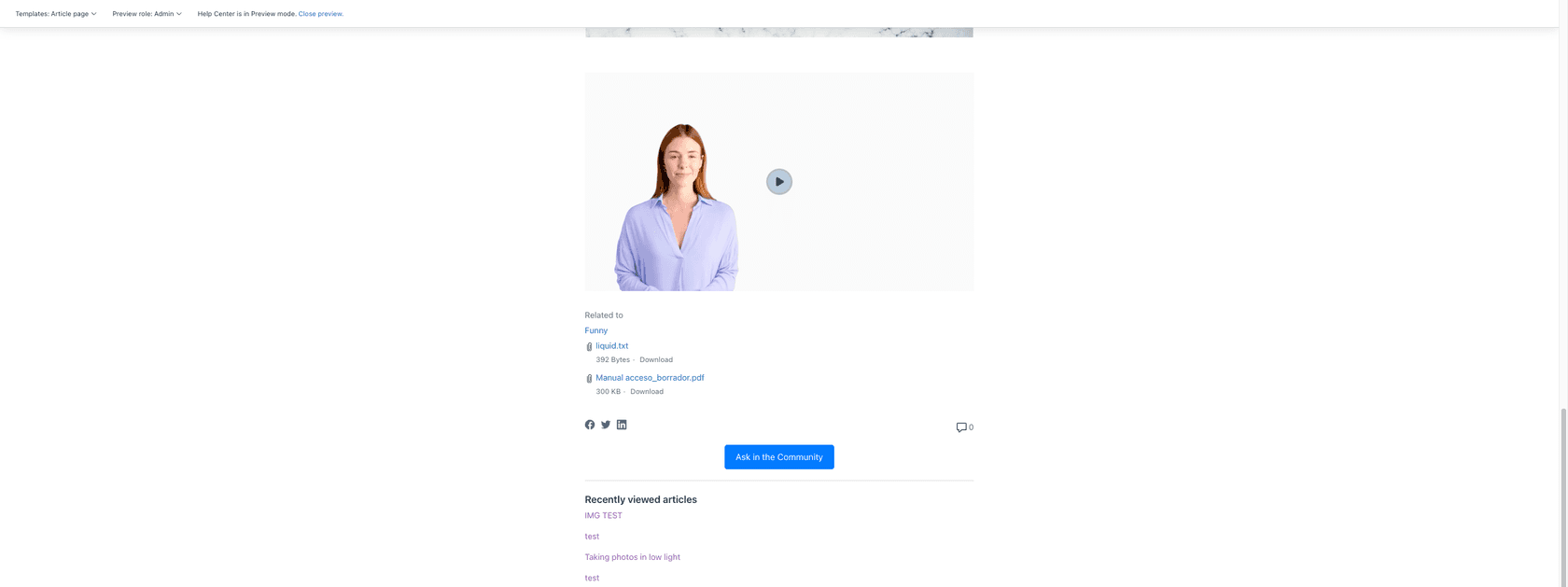 A help center article page displaying a prominent 'Ask in the Community' button, facilitating user engagement with the community forum.