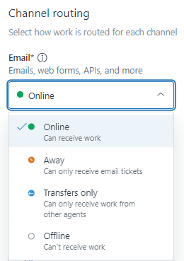 Zendesk channel routing configuration with agent status options