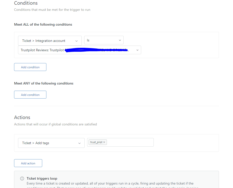 Zendesk trigger builder with condition and action dropdowns