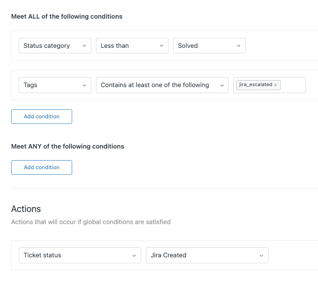 An automation rule builder showing conditions for ticket status and tags, and actions to change ticket status.