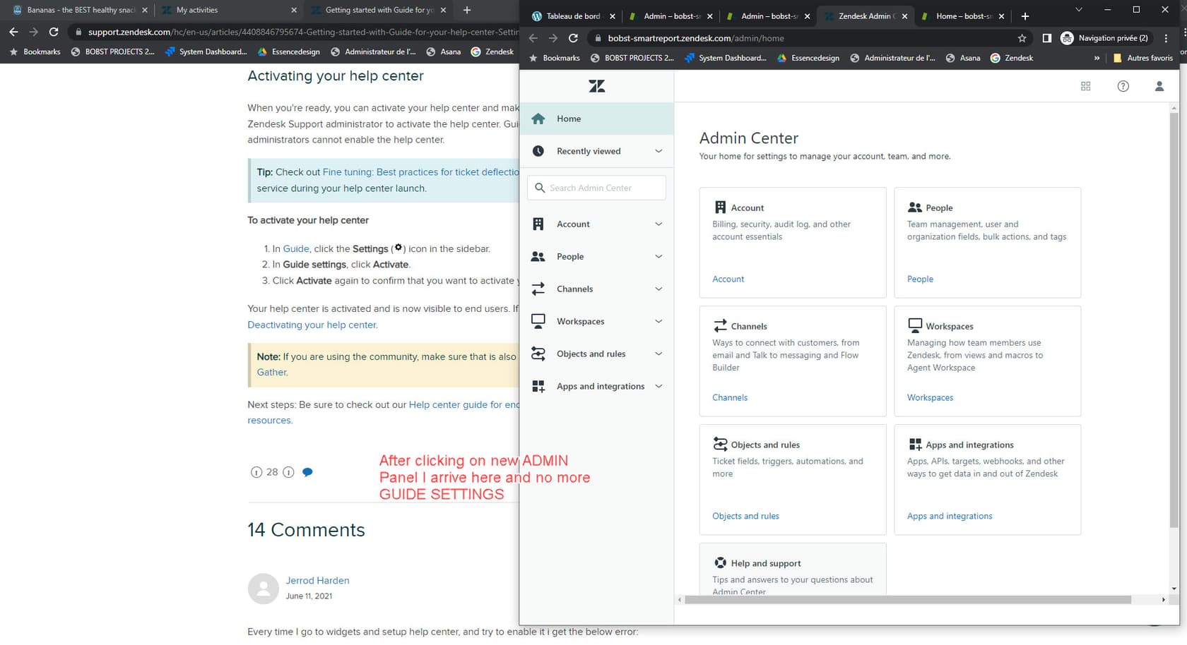 The Zendesk Admin Center dashboard, providing access to various administrative settings including those for help center management.