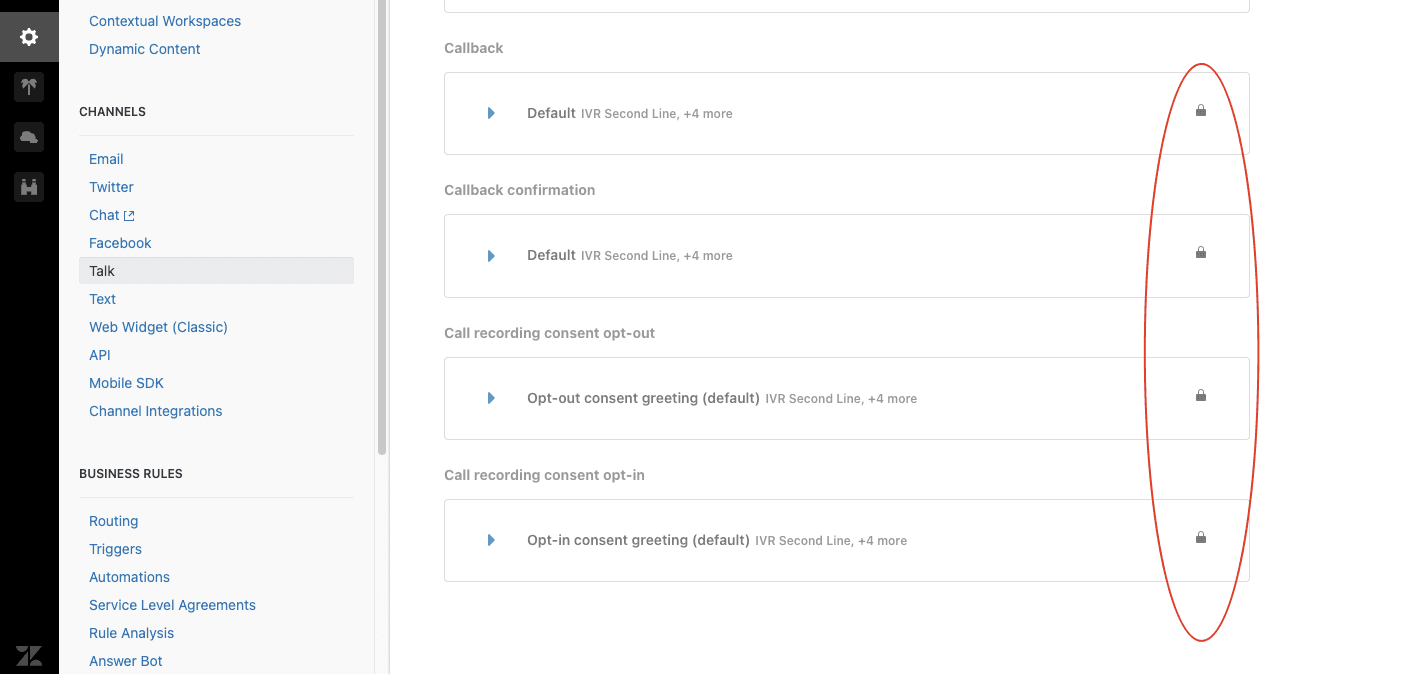 The Zendesk Talk settings interface displaying call recording consent options for opt-in and opt-out greetings.