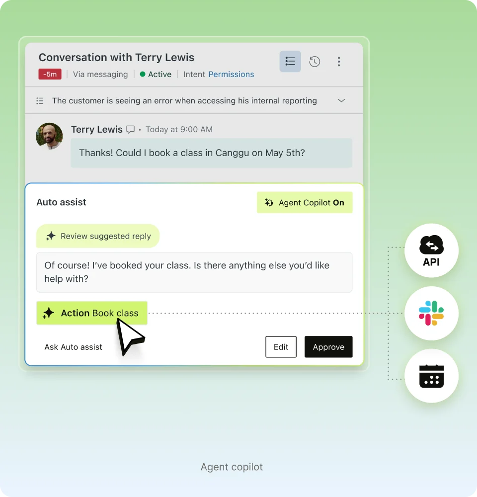 Zendesk Auto assist in a conversation with Terry Lewis, showing an Agent Copilot On label, a suggested reply, an Action Book class button, and Edit and Approve buttons beside API, Slack, and calendar icons.