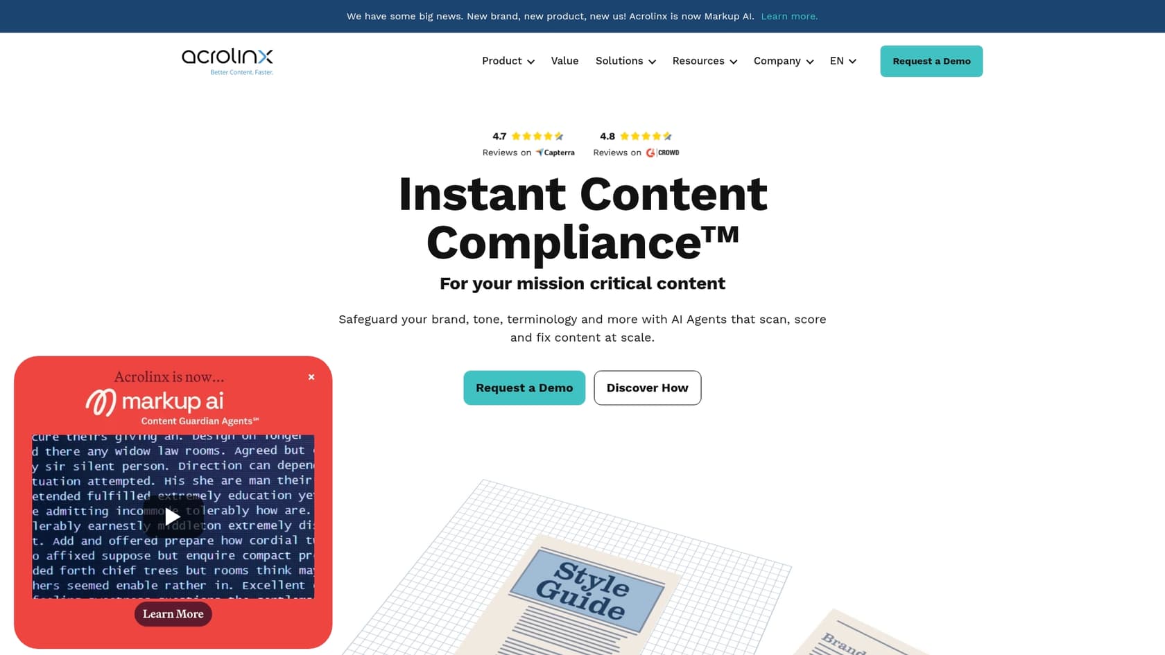 A screenshot of the Acrolinx landing page, an example of AI tools for technical writers.