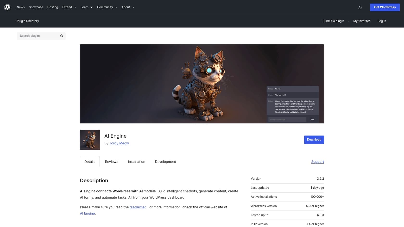 A screenshot of the AI Engine landing page, one of the best WordPress AI content writers.