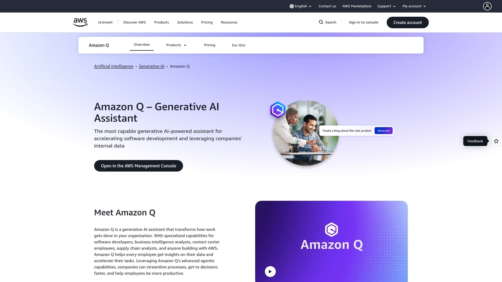 A screenshot of the Amazon Q Developer landing page, an excellent alternative to Einstein for Developers for AWS-integrated coding.