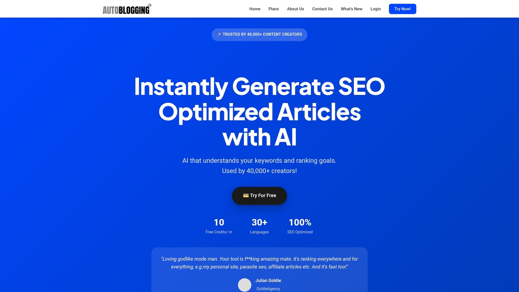 A screenshot of the Autoblogging.ai landing page, an AI automated blog tool.
