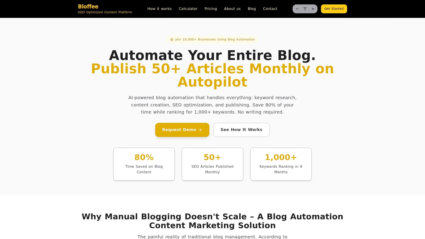 A screenshot of the Bloffee landing page, a high-volume AI automated blog tool.