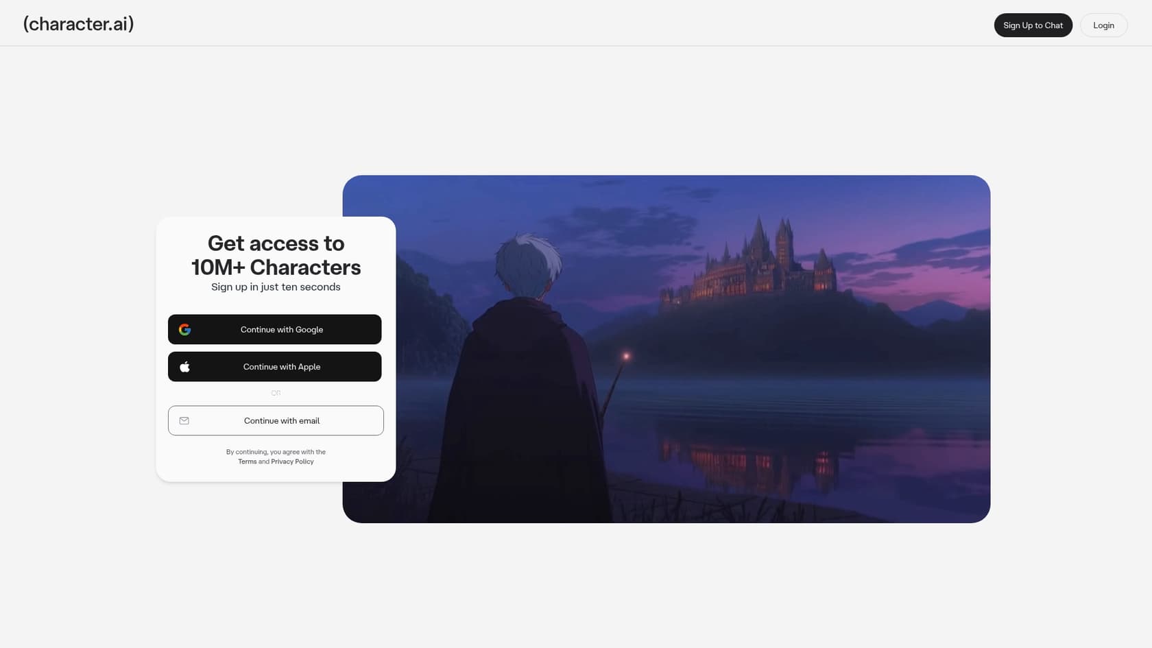 A screenshot of the Character.AI landing page, a creative and fun option in the world of ChatGPT group chat alternatives.