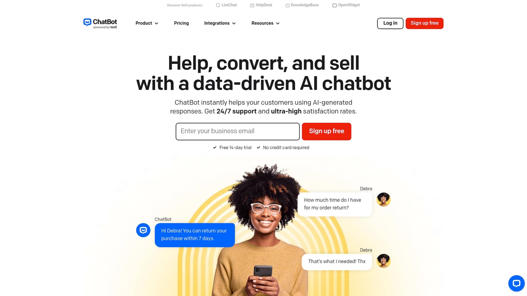 A screenshot of the ChatBot.com landing page, a tool for building custom AI agents for Jira.