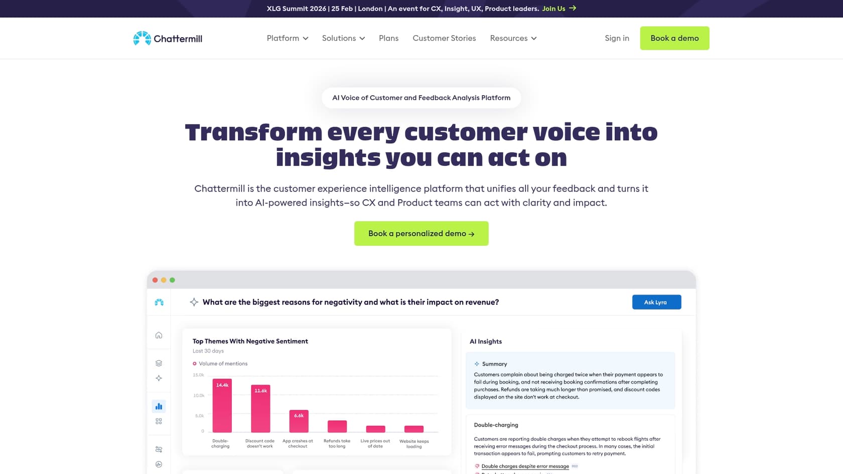 A screenshot of the Chattermill landing page, one of the AI tools integration with Gorgias.