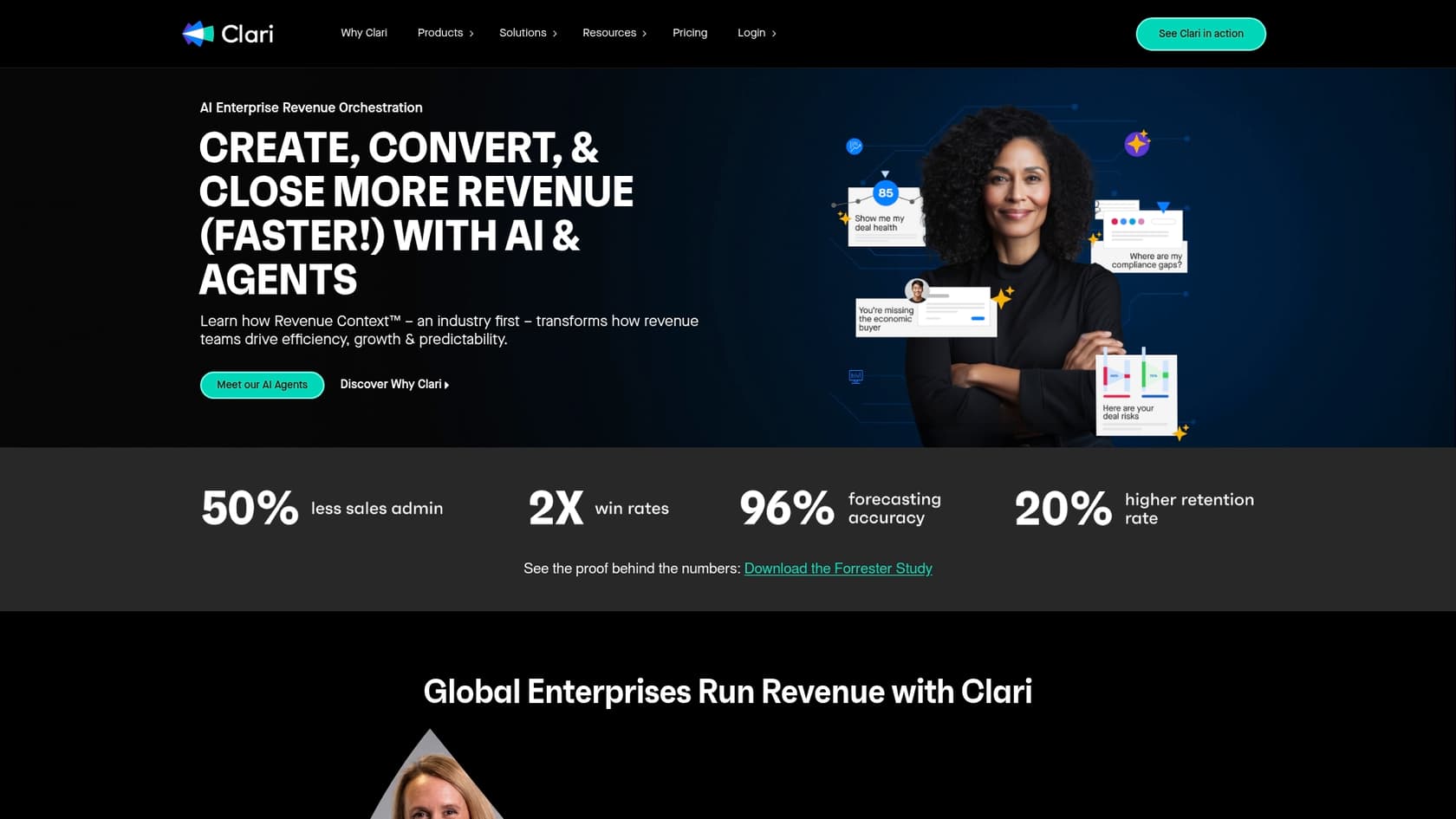 A screenshot of the Clari landing page, which is one of the best Salesforce AI assistants.