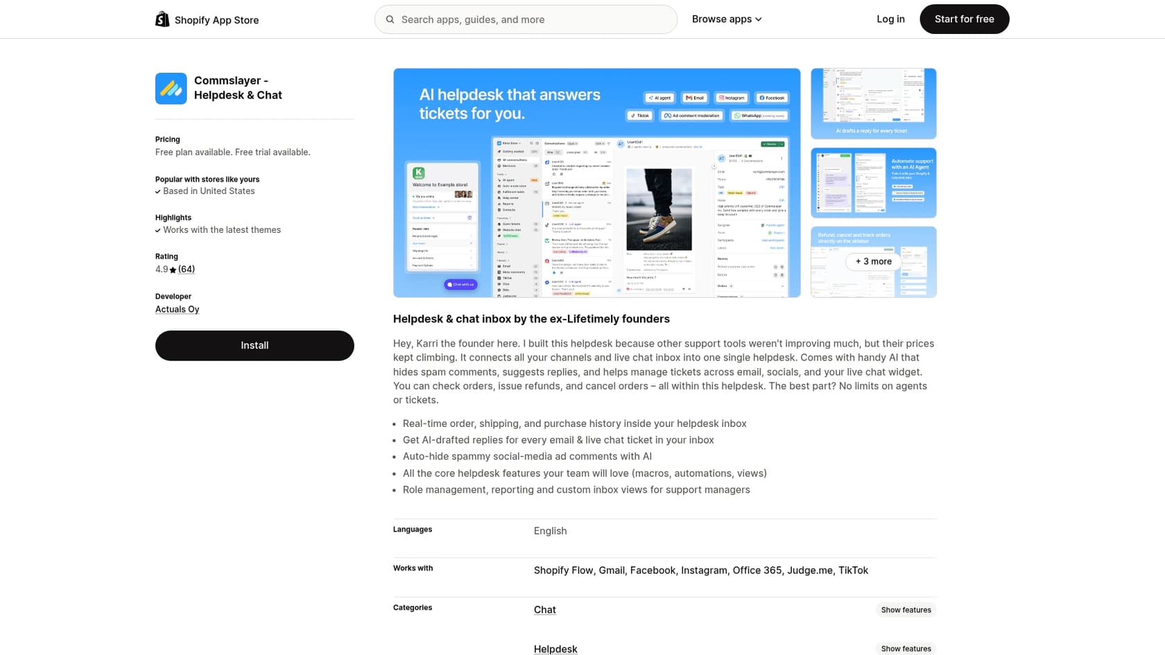 A screenshot of the Commslayer Shopify app page, relevant for this Commslayer review.