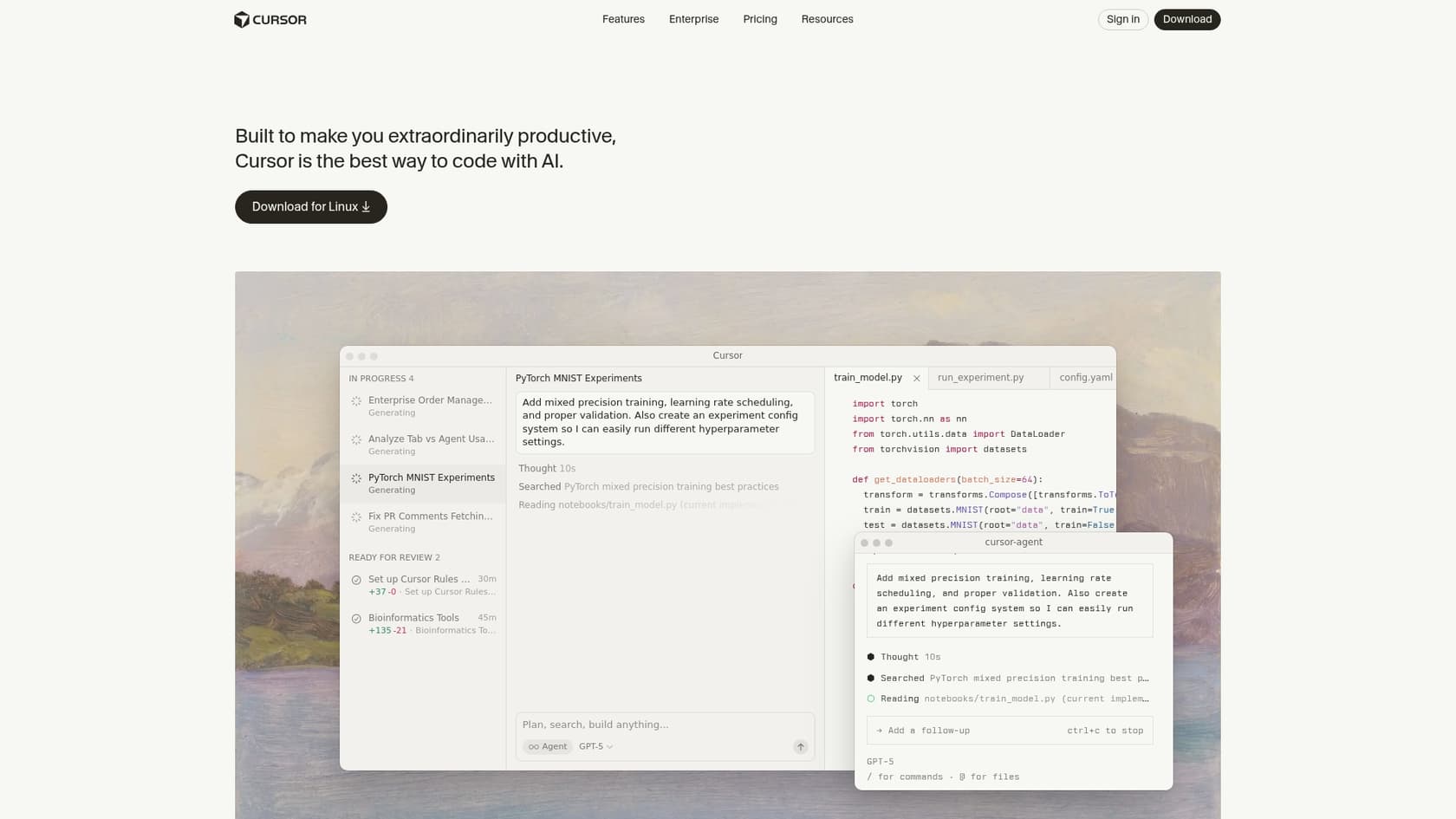 A screenshot of the Cursor landing page, an AI-first code editor and one of the top AI tools every Salesforce developer should know.