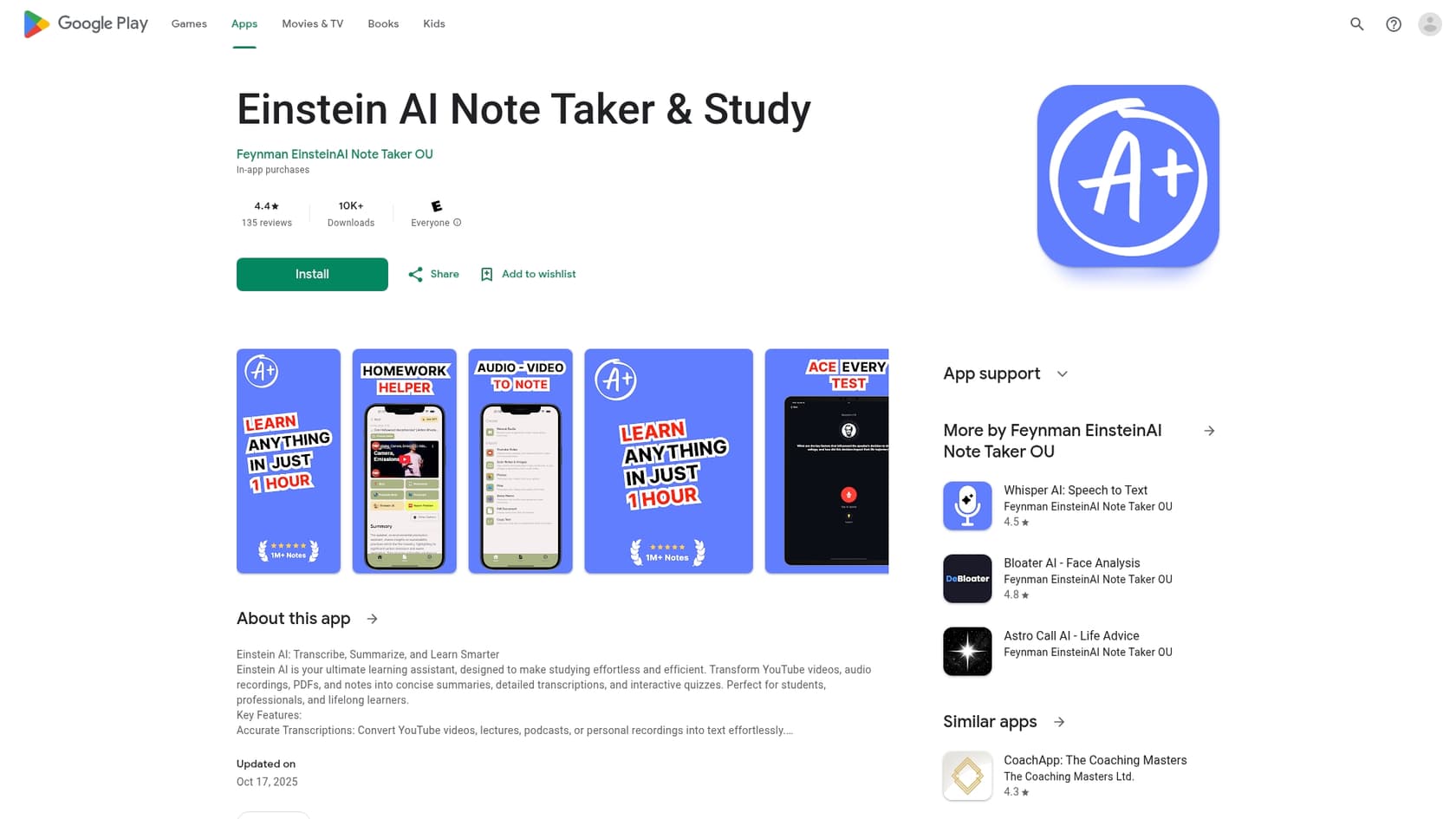 A screenshot of the Einstein AI study app on the Google Play Store, part of our Einstein AI study.