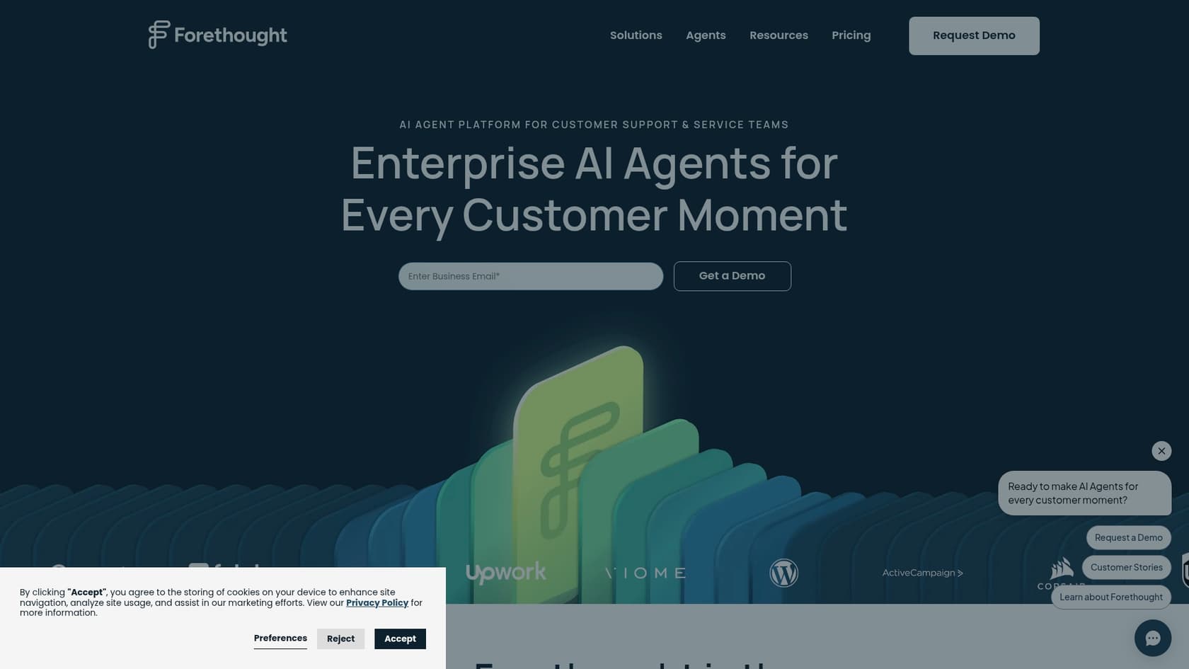 A screenshot of the Forethought landing page, another of the Salesforce AI tools support.