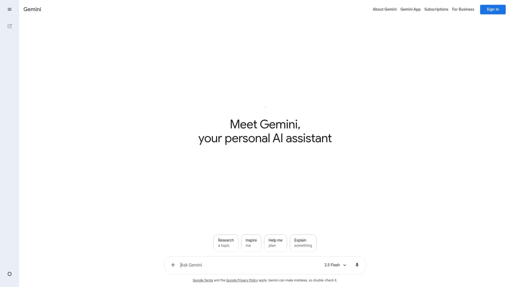 A screenshot of the Gemini landing page, a powerful LLM from Google that Salesforce developers can use.