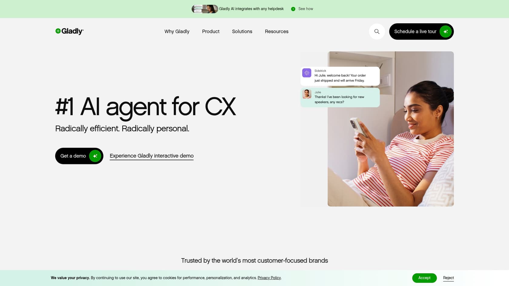 A screenshot of the Gladly AI homepage, showing their headline 