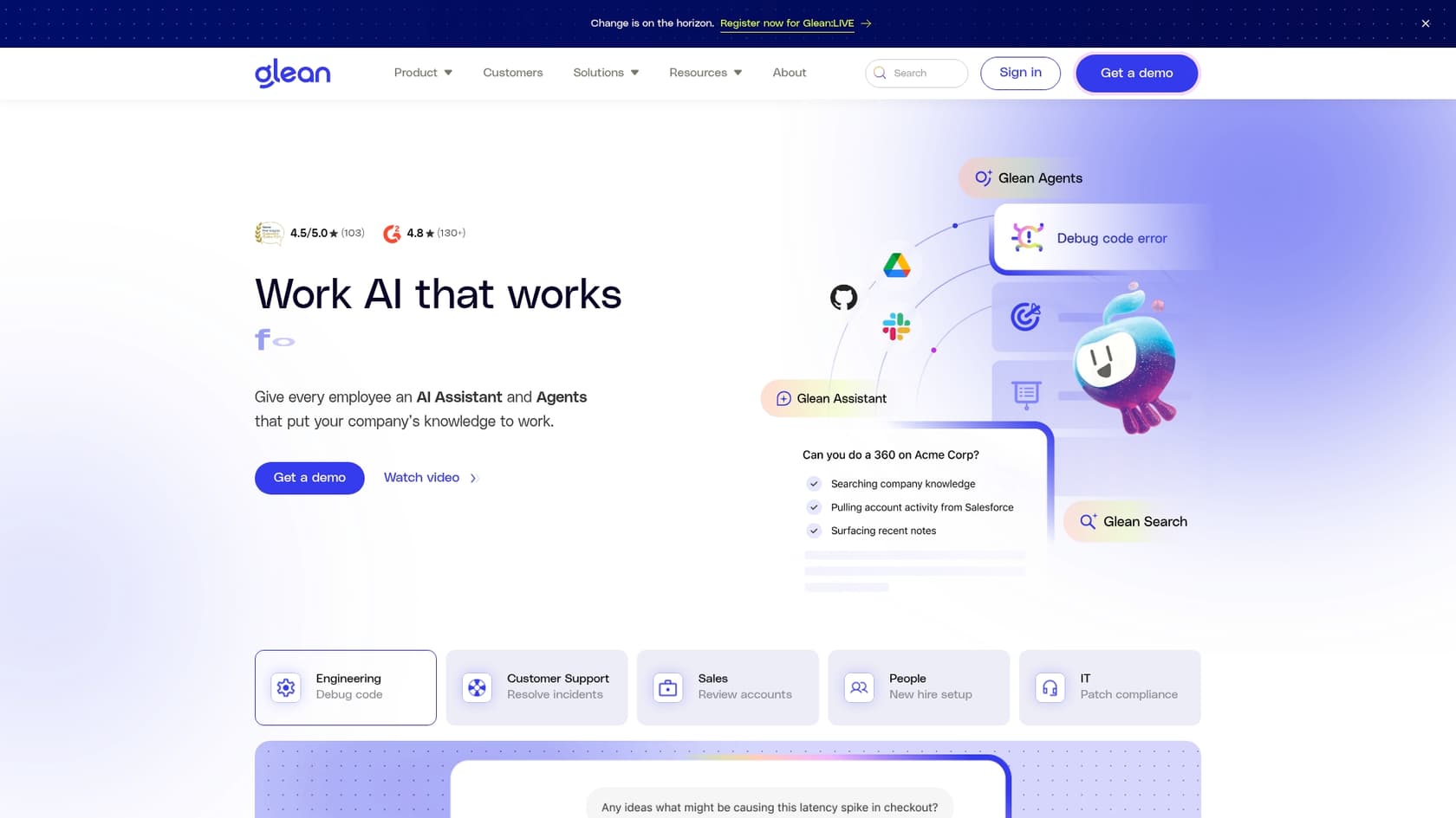 A screenshot of the Glean landing page, which is one of the best Salesforce AI assistants.