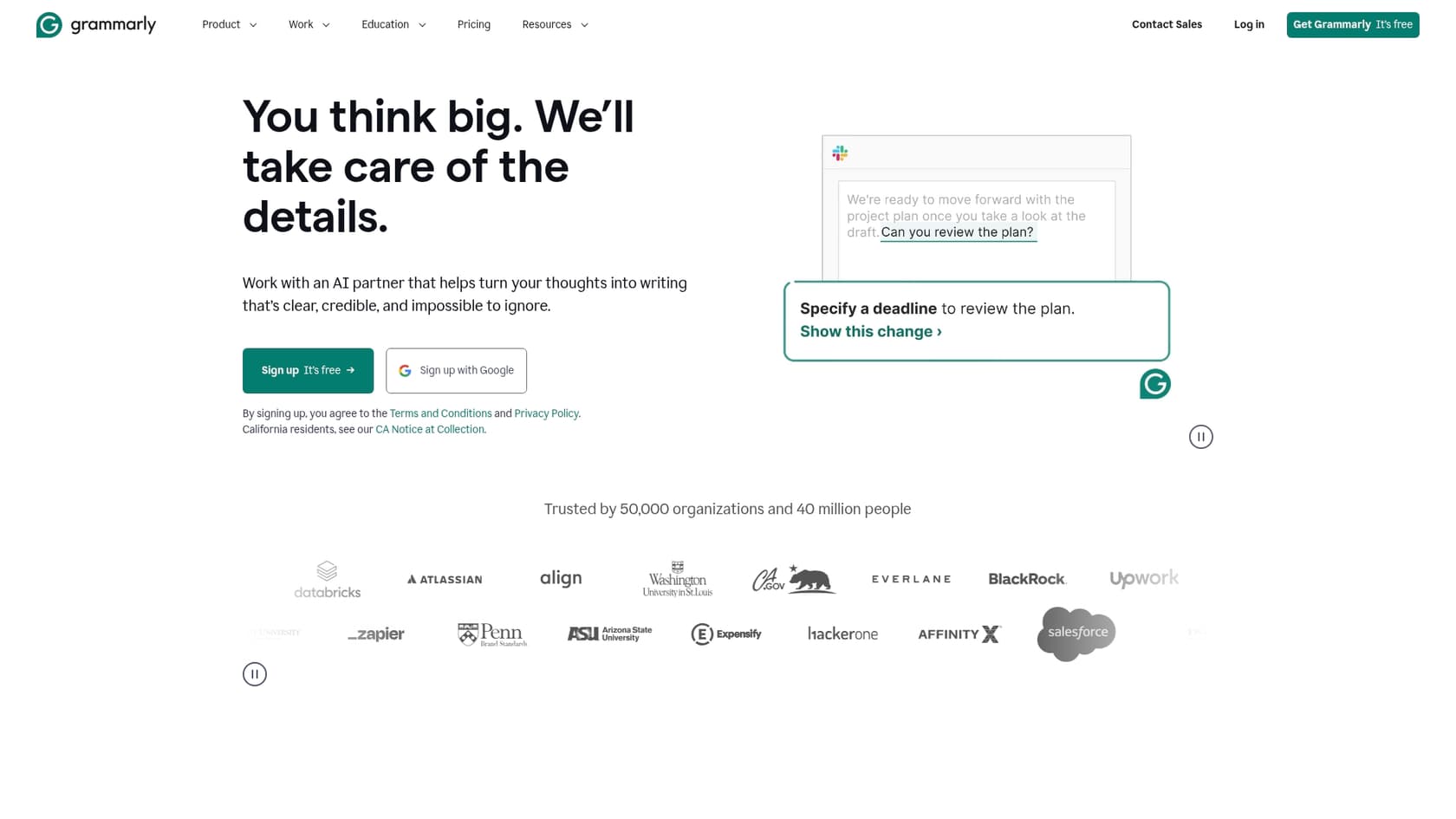 A screenshot of the Grammarly landing page, an example of AI tools for technical writers.