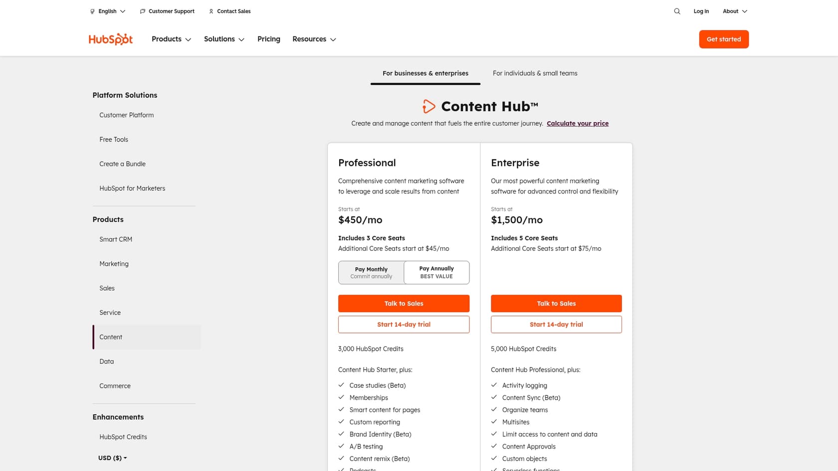 A screenshot of the HubSpot Content Hub pricing page, which is relevant to this HubSpot AI website builder review.