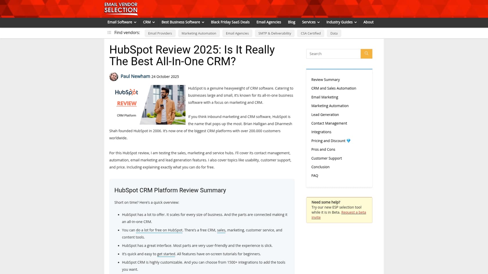 A screenshot of the HubSpot CRM review page, which is relevant to this HubSpot AI website builder review.