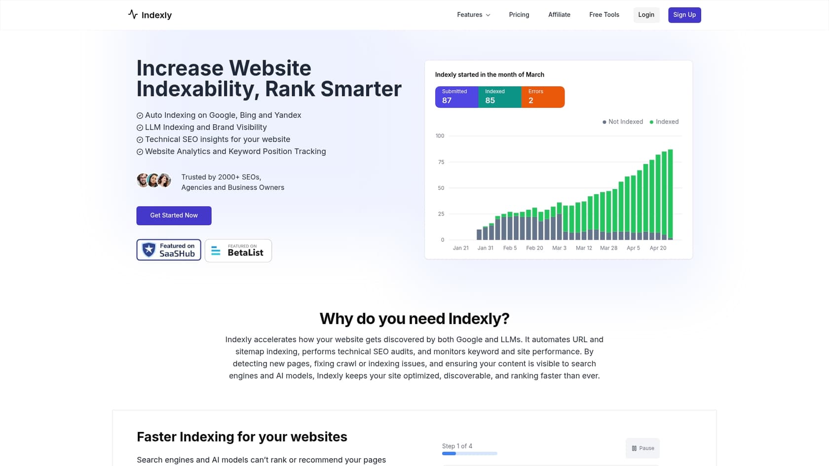 A screenshot of the Indexly landing page, one of the top AI content tools for SEO tested.