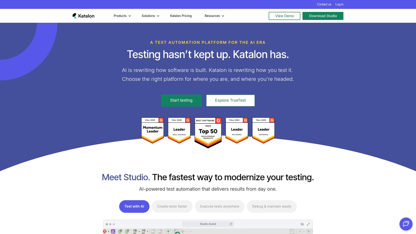 A screenshot of the Katalon landing page, an all-in-one test automation platform and one of the best AI tools for software testing in Jira.